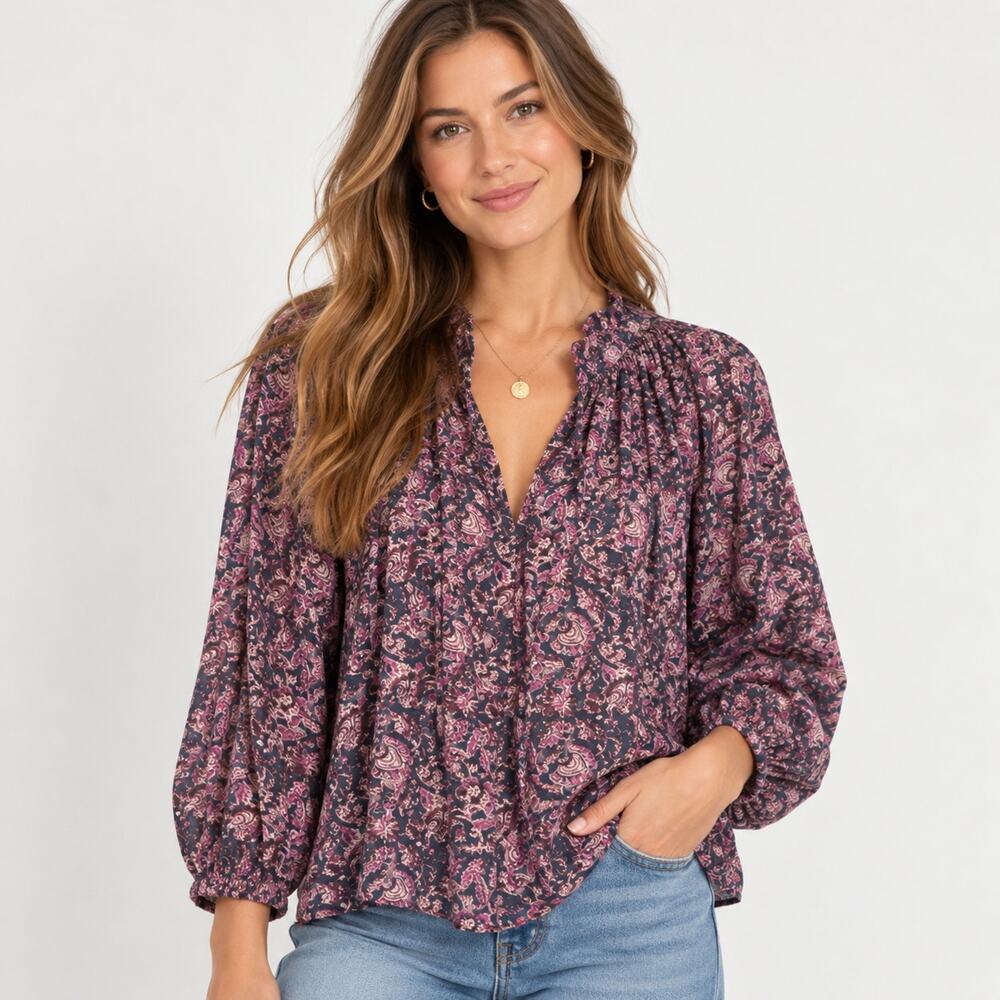 Faherty Portia Peasant Top Womens XXS Pink Black Floral Print Viscose Blouse
